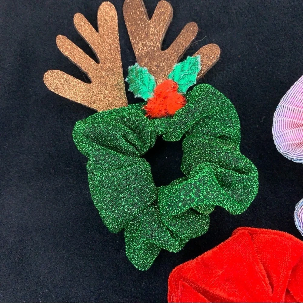 Vintage Set Of 3 Hair Ties Scrunchy Holiday Red Green Iridescent 90s Retro